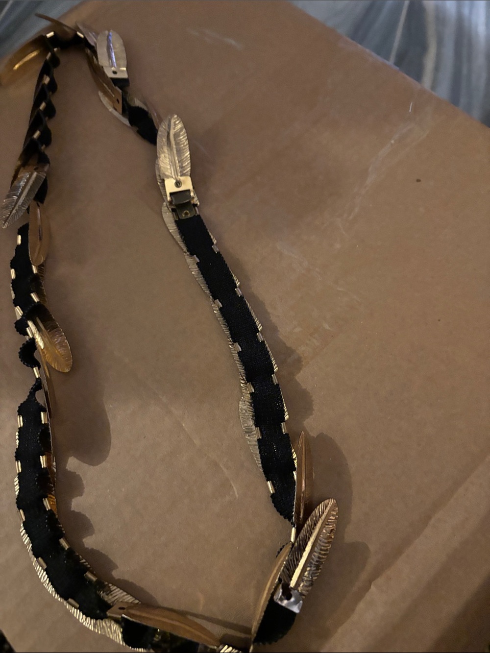 Gold Feather Necklace with Black Ribbon Accent(H.YS)06-27-26